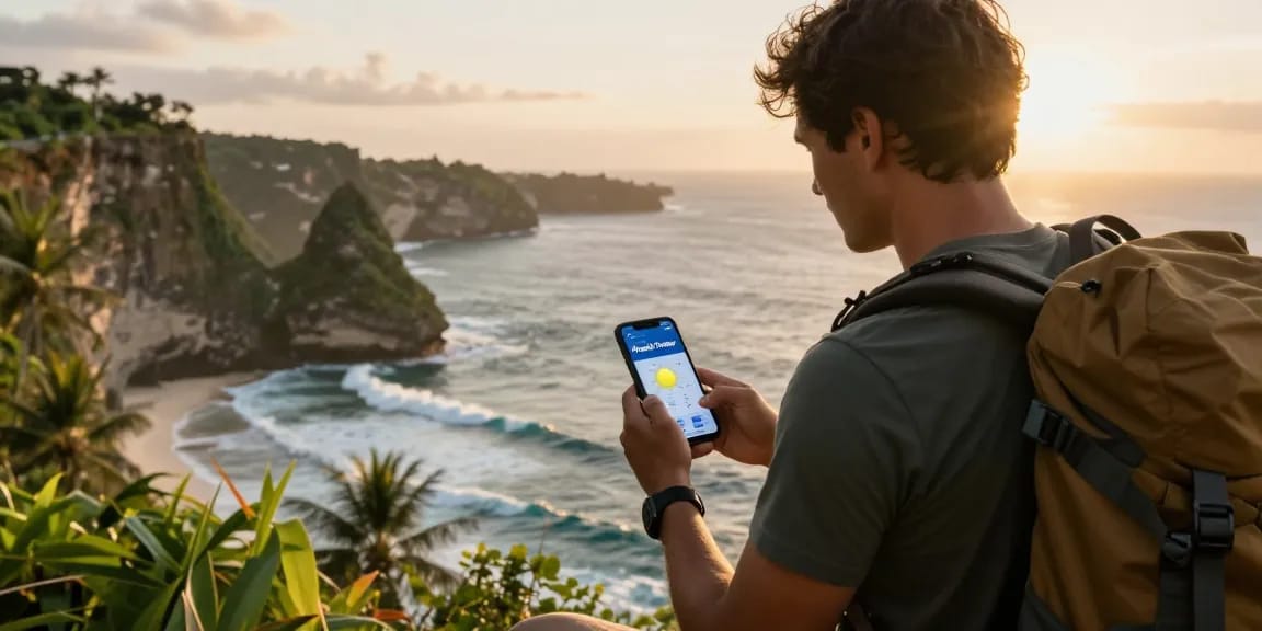 Traveler checking "Prediksi 7meter" weather app at a coastal viewpoint during sunrise, enhancing outdoor adventure.