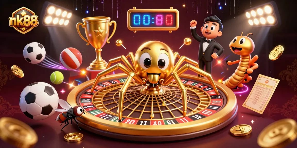 Experience dynamic betting with nk88 as a golden spider spins a roulette wheel of fortunes.