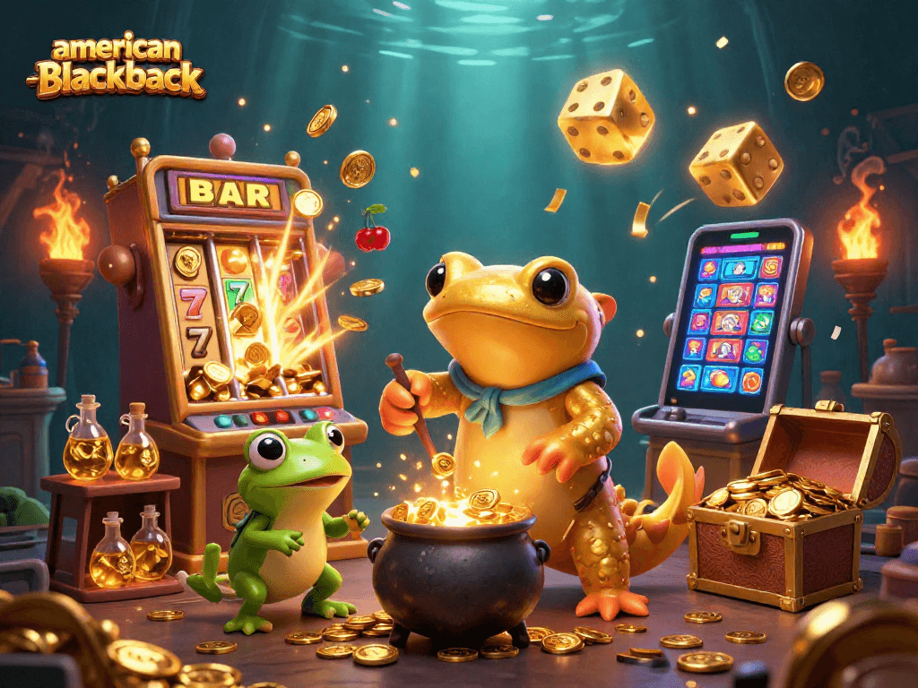 Play american-blackjack in a lively scene with enchanting characters and dynamic casino elements.