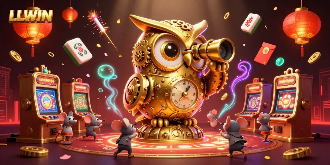 Experience LLWIN's vibrant casino floor with a magical golden owl overlooking dynamic gaming action.