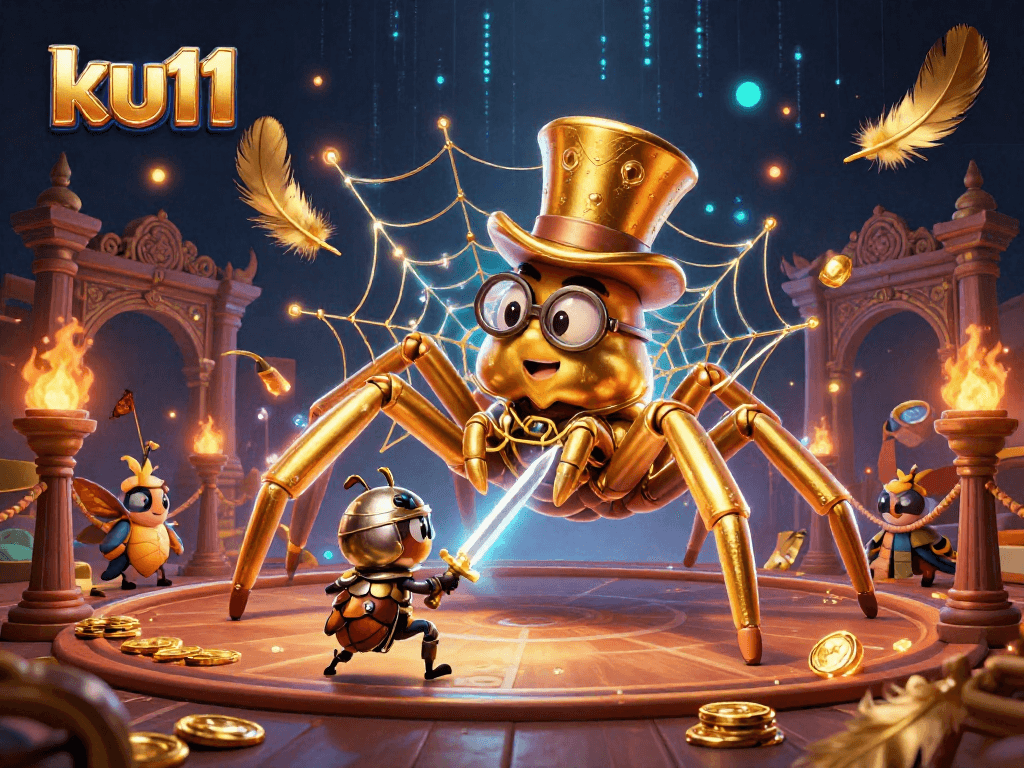 ku11 engaging players with a dynamic 3D casino illustration featuring a golden tarantula and beetle knight.