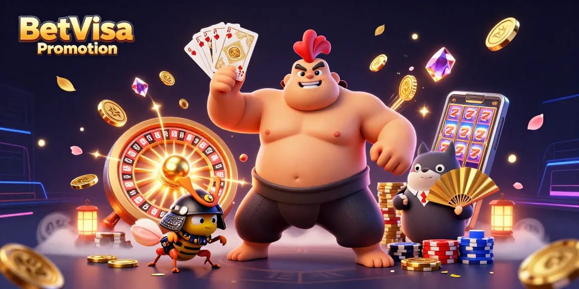 Experience thrilling wins with BetVisa Promotion in a vibrant casino scene featuring dynamic characters and elements.