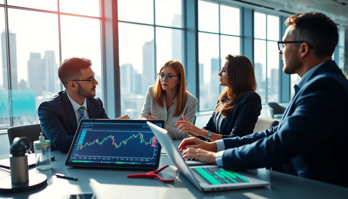 Investors analyzing AI Investing strategies with advanced technology in a bright office setting.