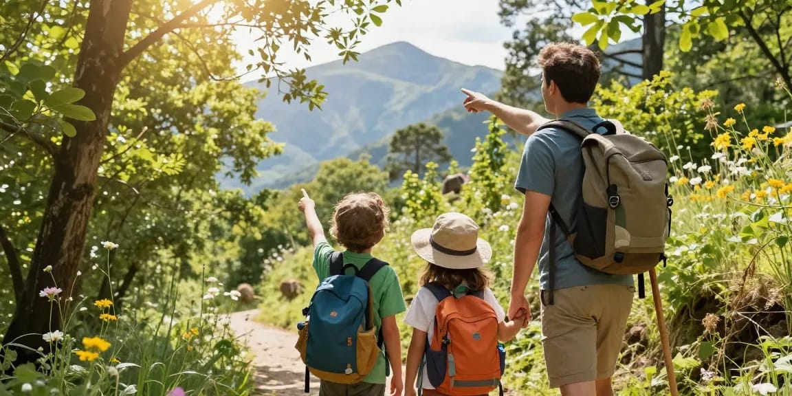 Family adventure with mantra88 spirit exploring scenic outdoor trail, showcasing connection with nature and joy.