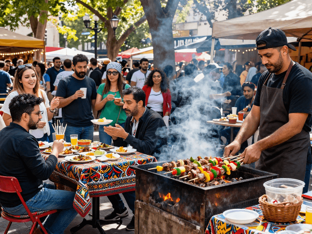 Visitors enjoying kebuntoto street food festival with sizzling kebabs and vibrant atmosphere.