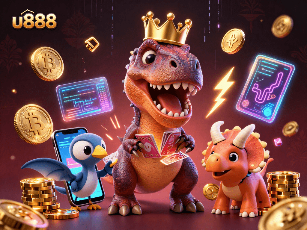Engage in thrilling gameplay at u888 featuring a T-Rex shuffling cards and crypto elements.