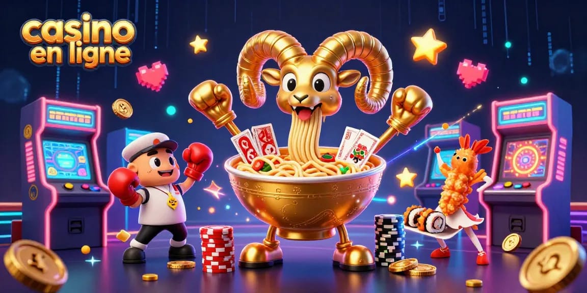 Les personnages de casino en ligne, dont un grand bol de ramen, dealent des cartes et s'entourent de jeux d'arcade.