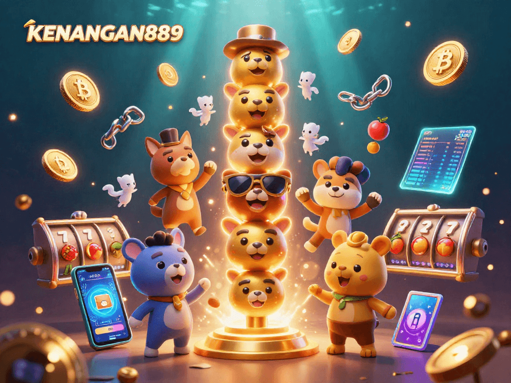 Experience thrilling slots at KENANGAN889 with a vibrant illustration of an engaging casino scene.