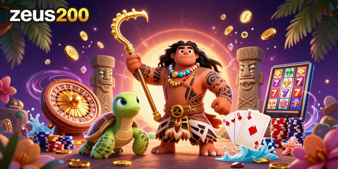 zeus200 menampilkan joker hawaiian yang membawa pancing emas dalam suasana kasino