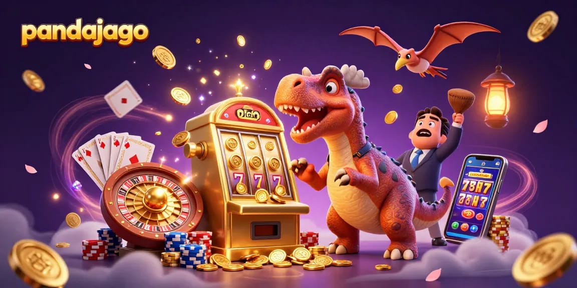 Pandajago menarik koin jackpot saat dinosaur pachycephalosaurus berinteraksi dengan mesin slot emas di kasino.