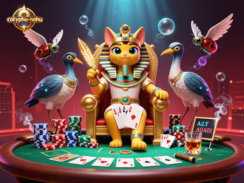 Engage in thrilling poker action with cotyphu-nohu, featuring Egyptian pharaoh cat and vibrant casino elements.