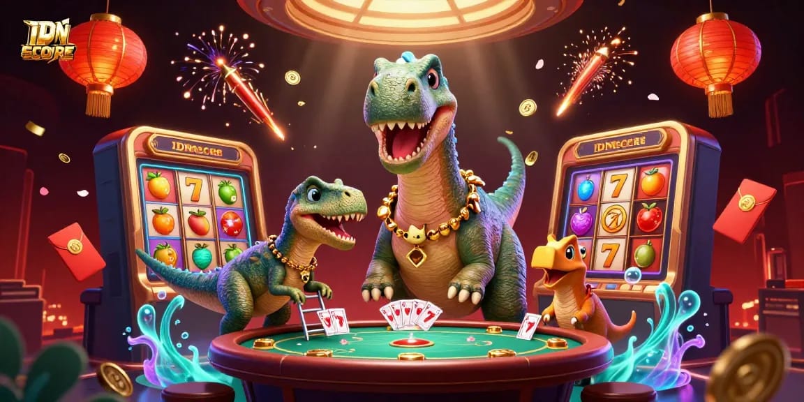 IDNSCORE brings excitement with a playful scene featuring a tall brontosaurus and a clever raptor dealing cards in a vibrant casino.