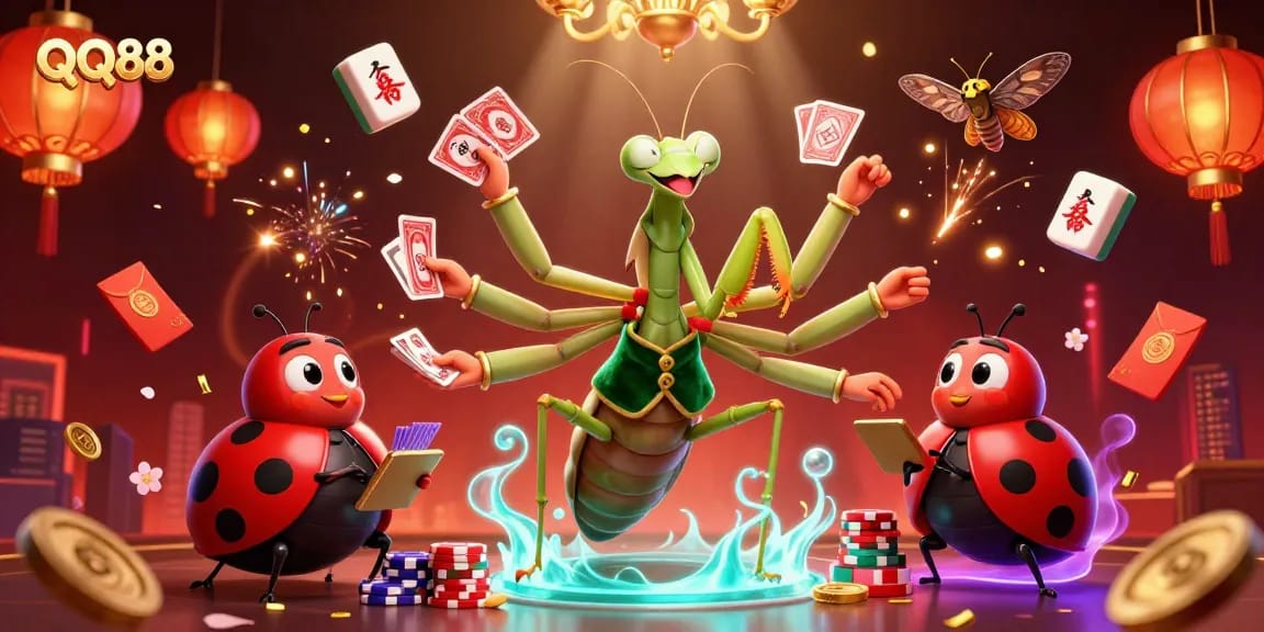 Engage in thrilling gaming with QQ88's vibrant 3D casino scene featuring colorful characters and dynamic elements.