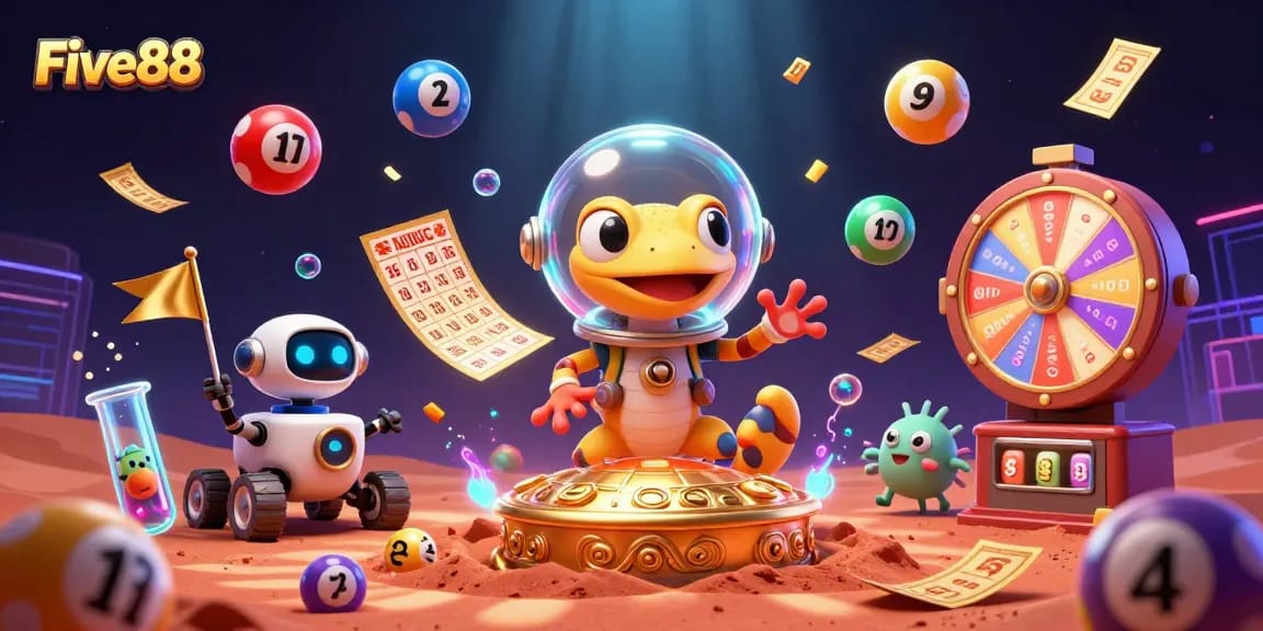 Five88 Martian gecko discovers a vibrant casino amidst bouncing lottery balls and golden elements.