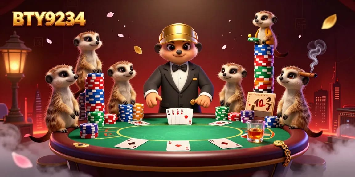 BTY9234 showcases meerkats in a bustling casino scene with vibrant poker tables and colorful chips.