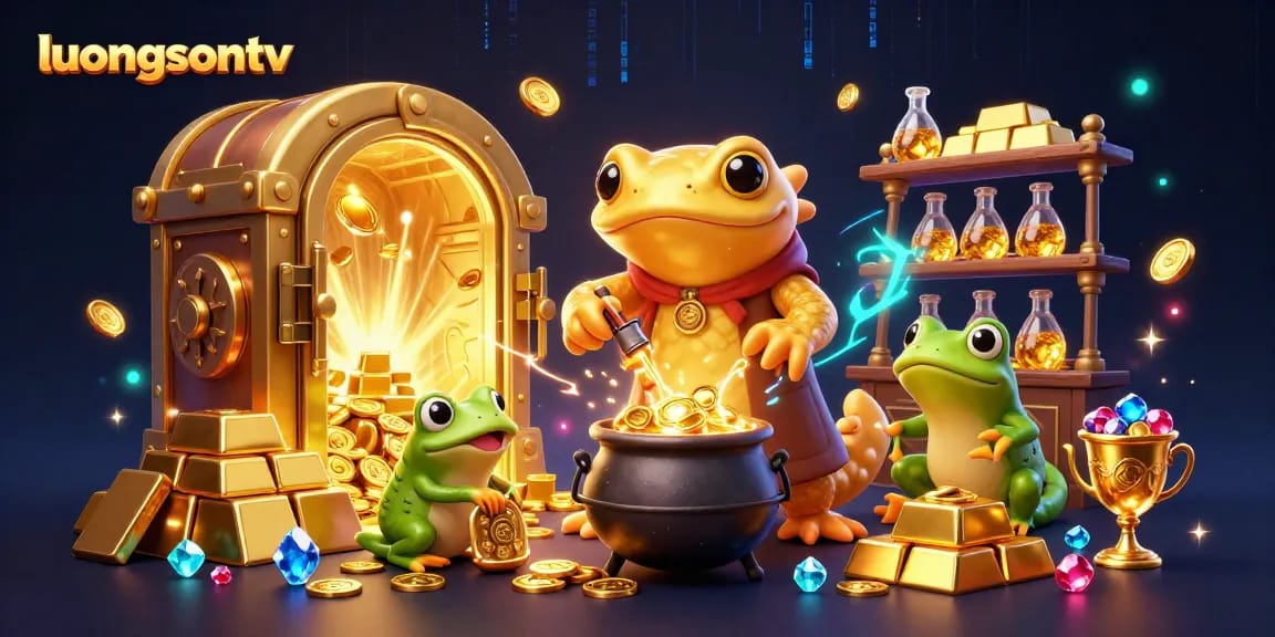 Experience luongsontv with a vibrant 3D illustration depicting fantastical gambling elements; a magical alchemist transforms riches!