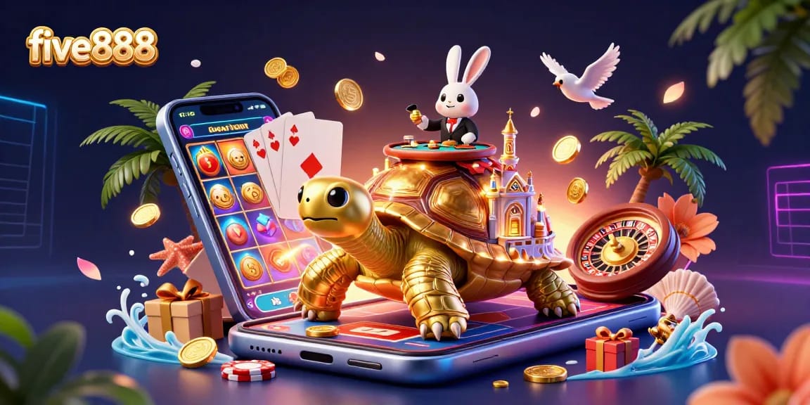 Spin reels and win big with five888's vibrant 3D casino scene featuring coins and a rabbit dealer.
