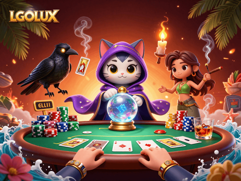 Engage with LGOLUX's vibrant slot gaming experience featuring mystical characters and lively casino elements.
