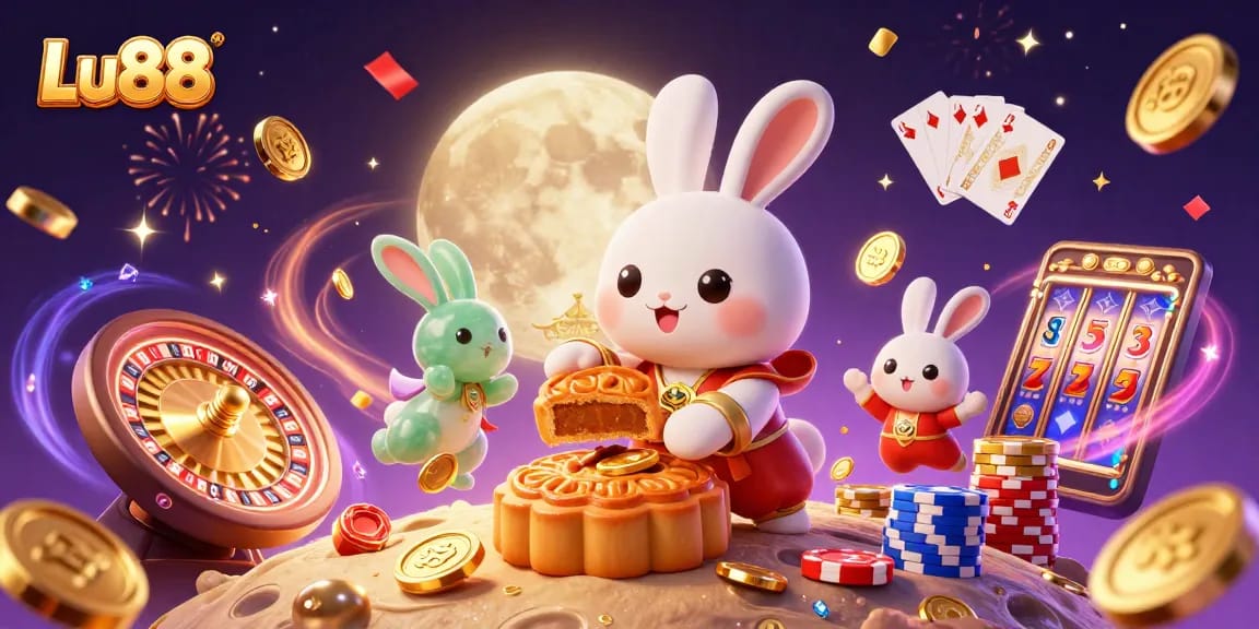 Win big with Lu88 as a cartoon moon rabbit reveals poker chips while celebrating on the moon.