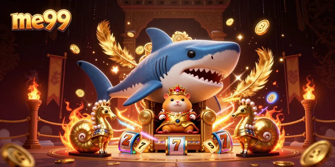 Experience thrilling gameplay at me99, featuring a heroic hamster king ruling from a massive megalodon throne in a vibrant casino arena.