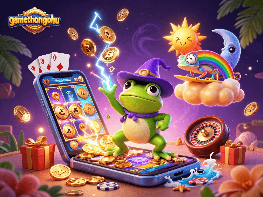 Play exciting gamethuongnohu slots while a wizard frog conjures gold and thunder in a vibrant 3D scene.