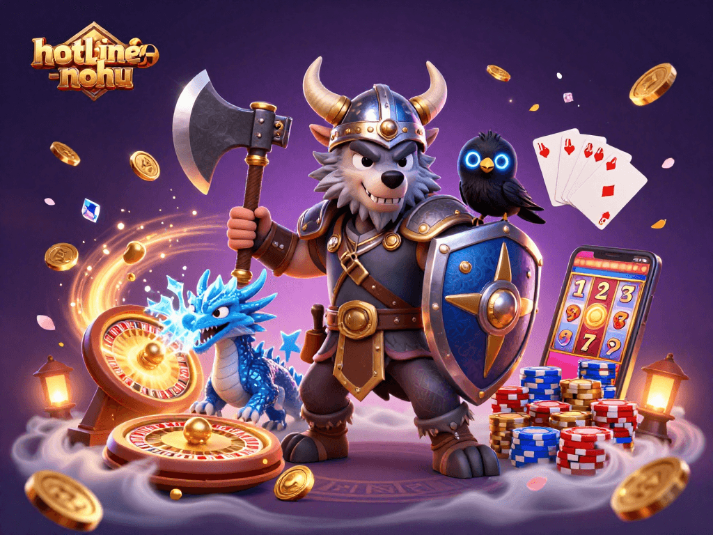 Immerse in thrilling action with hotline-nohu featuring a Viking warrior, fierce dragon, and glowing raven in a pumped-up casino world.
