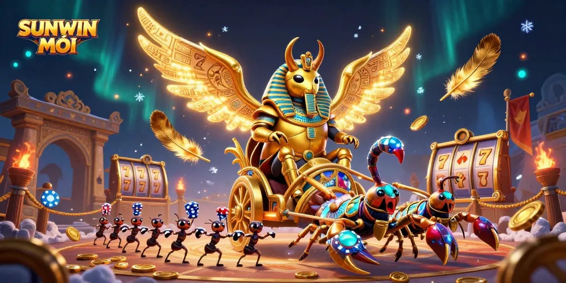 SUNWIN MỚI launches unique casino experience featuring a golden beetle character in a dynamic gaming scene.