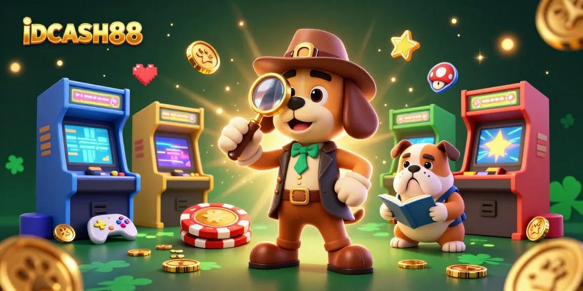 Engage with IDCASH88 in a vibrant scene featuring a cartoon detective and treasure clues.