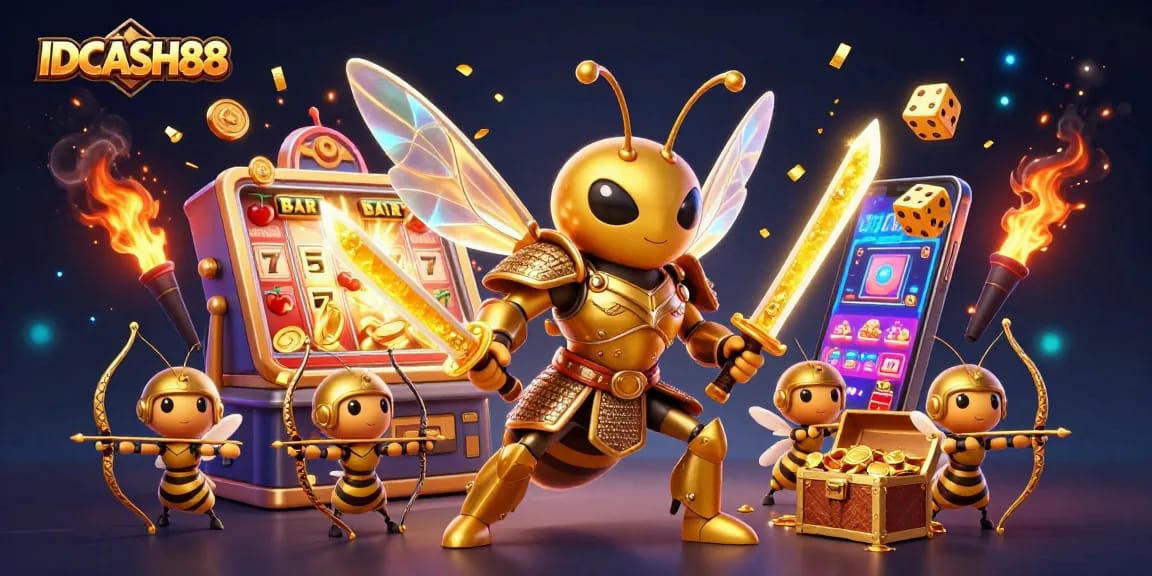 Experience thrilling gameplay with IDCASH88 as golden hornet samurai battles alongside bee archers amidst vibrant slot machines.