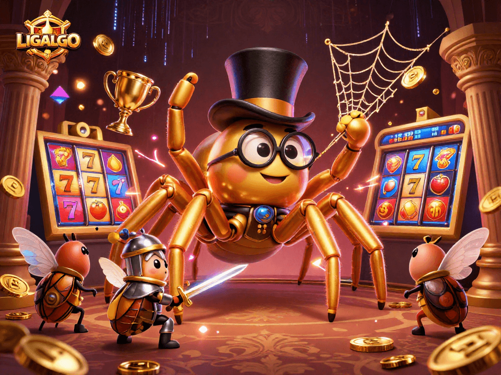 LIGALGO showcases a vibrant scene with a golden tarantula and beetle knight among slot reels and coins.