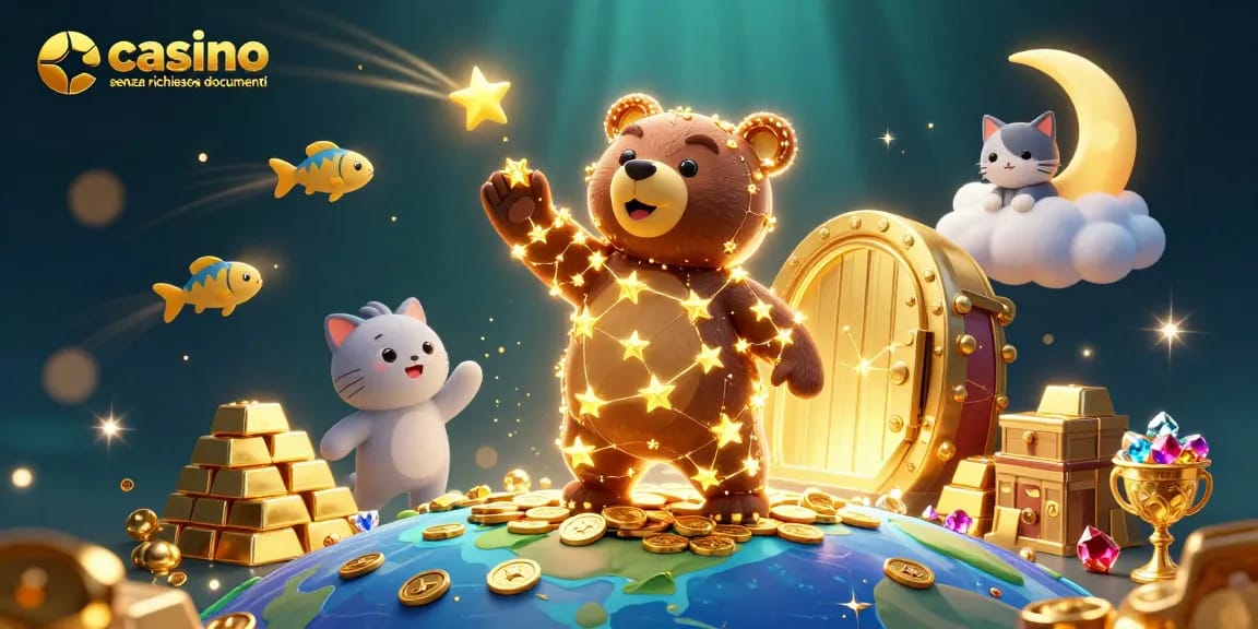 Gioca al casino senza richiesta documenti con un'illustrazione vibrante di personaggi fantastici e tesori.