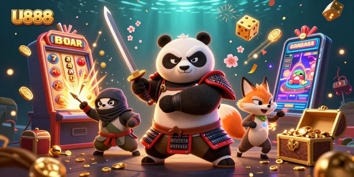 Experience excitement at U888 with a dynamic casino scene featuring animated characters and vibrant elements.