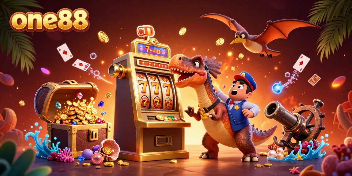 Experience thrilling jackpots at one88 as dinosaurs interact with a golden slot machine in a lively casino setting.
