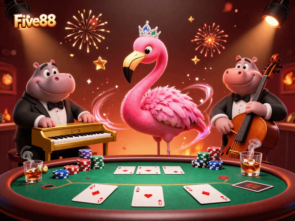 Engage in vibrant poker action with Five88, featuring a flamingo singer and hippo bassist.