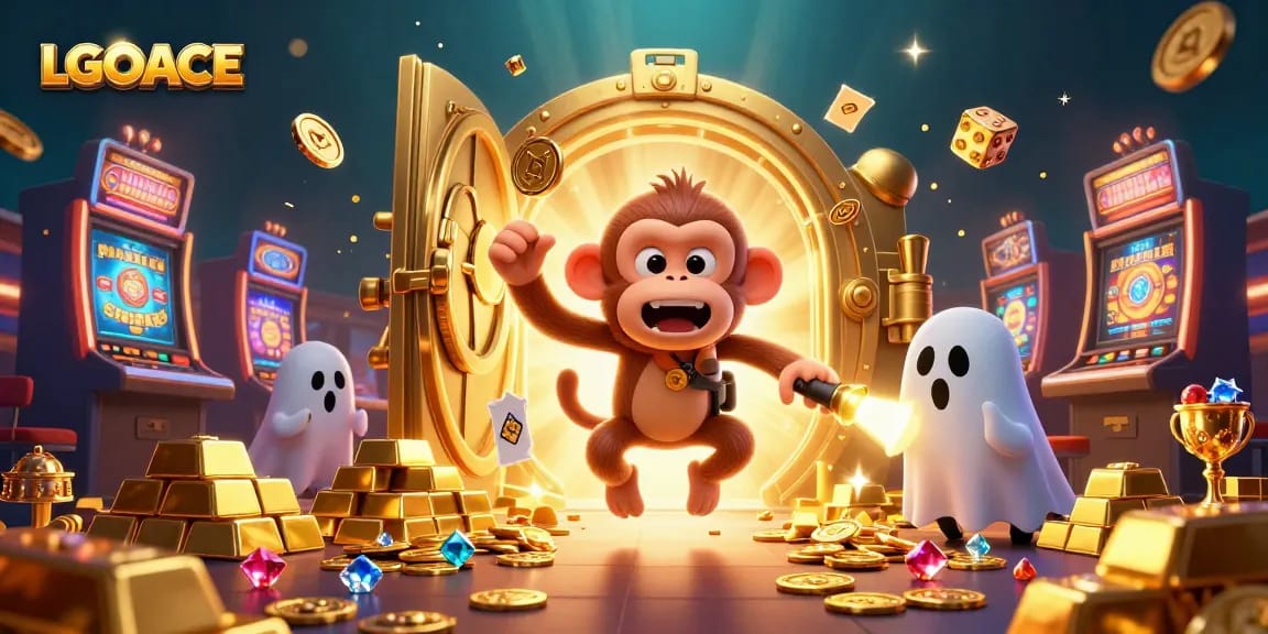 LGOACE players enjoy vibrant slots while a mischievous monkey juggles golden coins in a haunted casino.