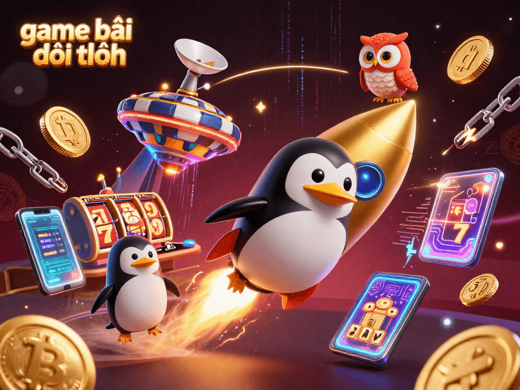 Engage in exciting game bài đổi thưởng with dynamic visuals of a golden penguin and crypto elements.