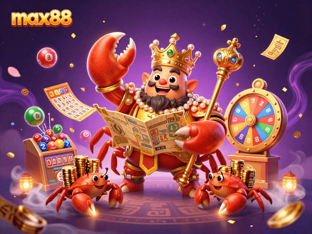Experience exciting max88 gameplay with a golden crab emperor and vibrant casino elements!
