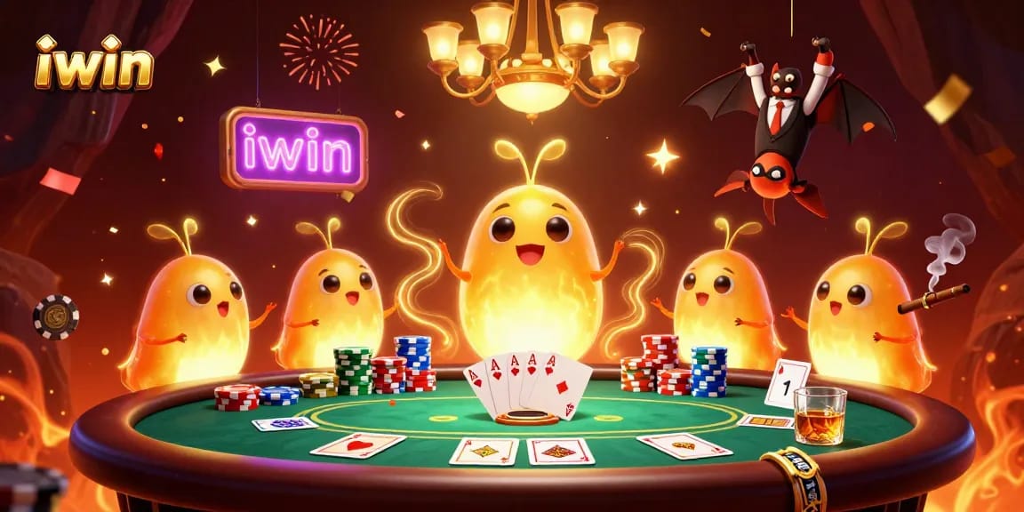 Engage in iwin's dynamic poker scene with glowing characters animatedly lighting up the casino.