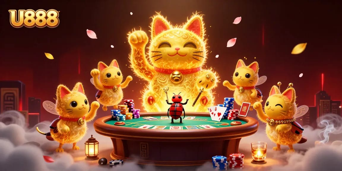 Engage with U888's vibrant casino experience featuring a giant lucky cat and dynamic poker elements.