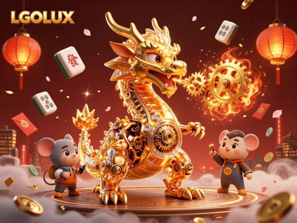 Experience the thrilling gameplay of LGOLUX with a dynamic dragon scene showcasing casino elements and excitement.