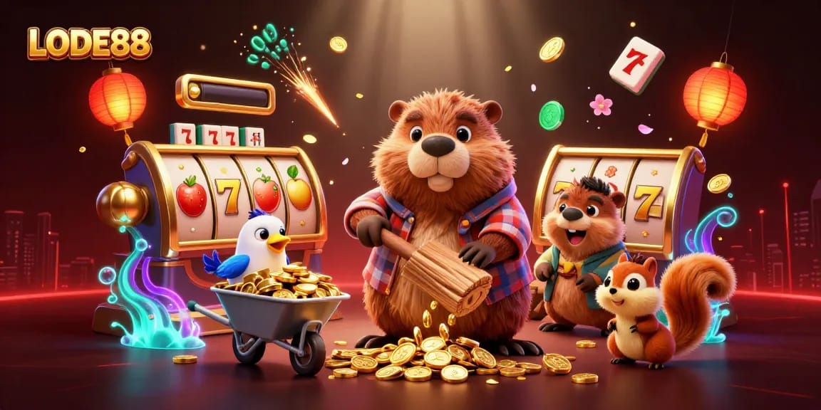 Experience the thrill of LODE88 with a vibrant casino-themed illustration featuring animated characters.