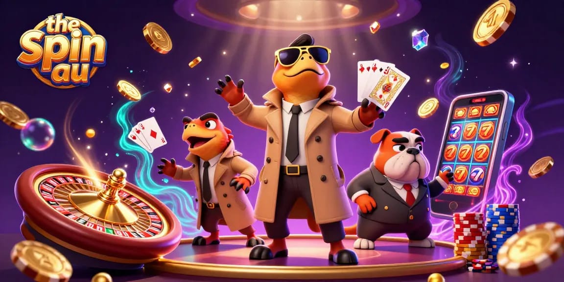 The spin au showcases raptors in a trench coat at a casino VIP lounge, surrounded by dynamic gaming elements.