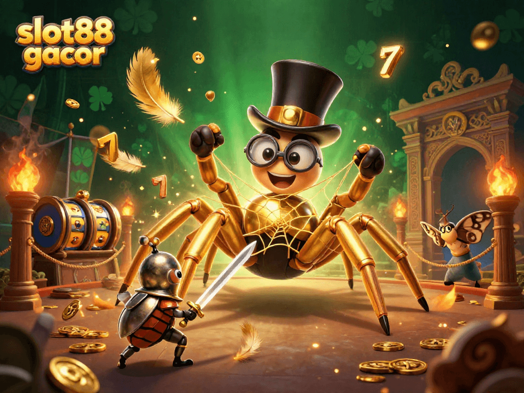 Experience thrilling gameplay with slot88 gacor amid a vibrant, animated casino scene filled with action.