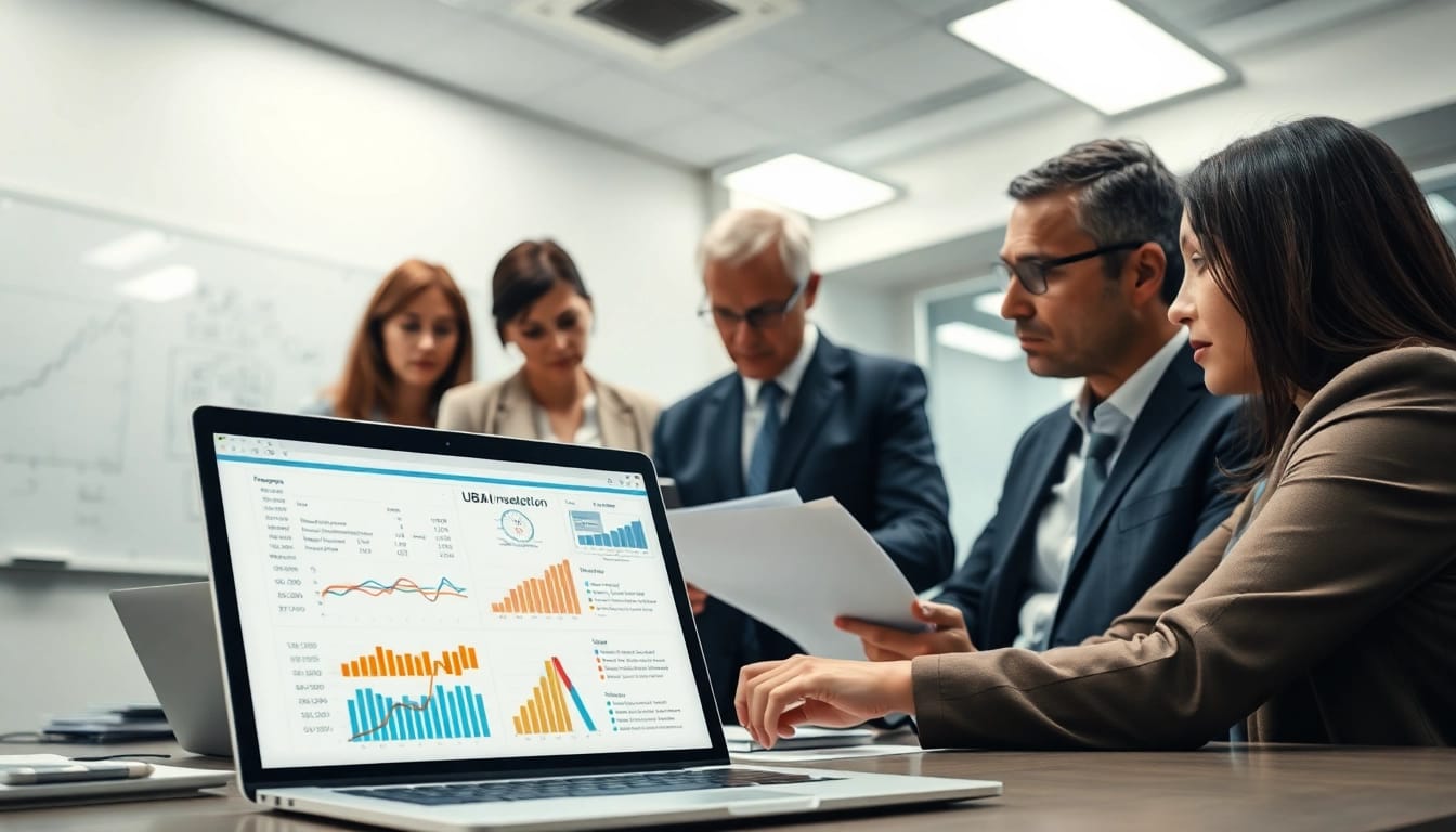 Investigating UBA fraud with business professionals analyzing financial documents.