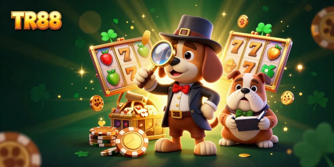 Engage in TR88 slots with the cartoon detective and bulldog among golden clues.