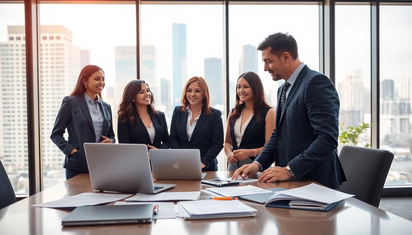 Engaged team discussing temp agencies solutions in a bright office environment.