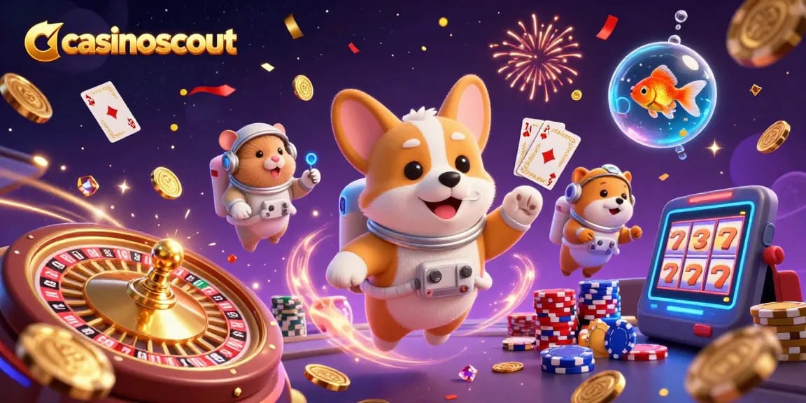 casinoscout presents a lively scene with a corgi astronaut and colorful casino elements floating in space.