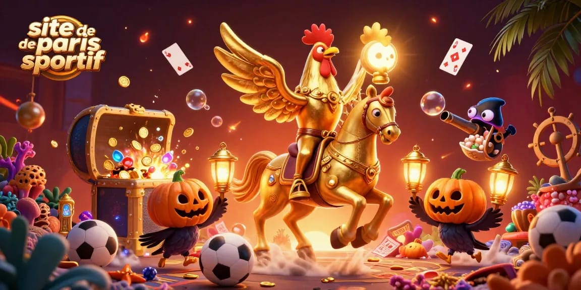 Une illustration animée de 3D représentant un site de paris sportif avec un coq doré et ses compagnons.