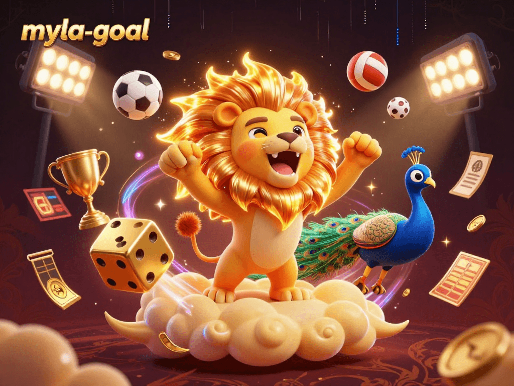Experience the thrill of gaming with myla-goal as the lion roars triumphantly amidst dazzling sports elements.
