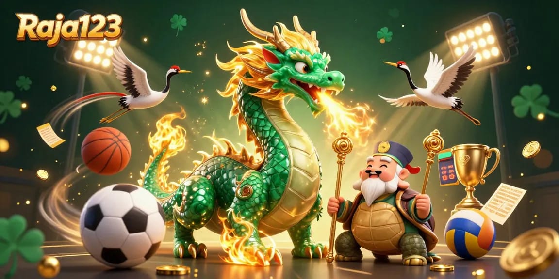 Experience thrilling moments with Raja123 as a jade dragon showers golden fire, amidst dynamic sports elements.